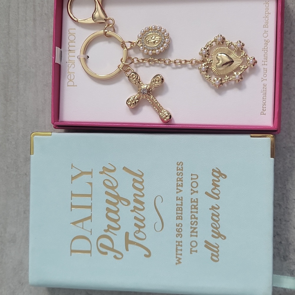 Gold Religious Bag Charm with Cross and Heart Charms With Mini Prayer Journal